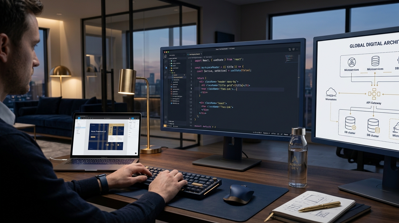 A web development workspace with planning sketches, software interfaces and deployment infrastructure