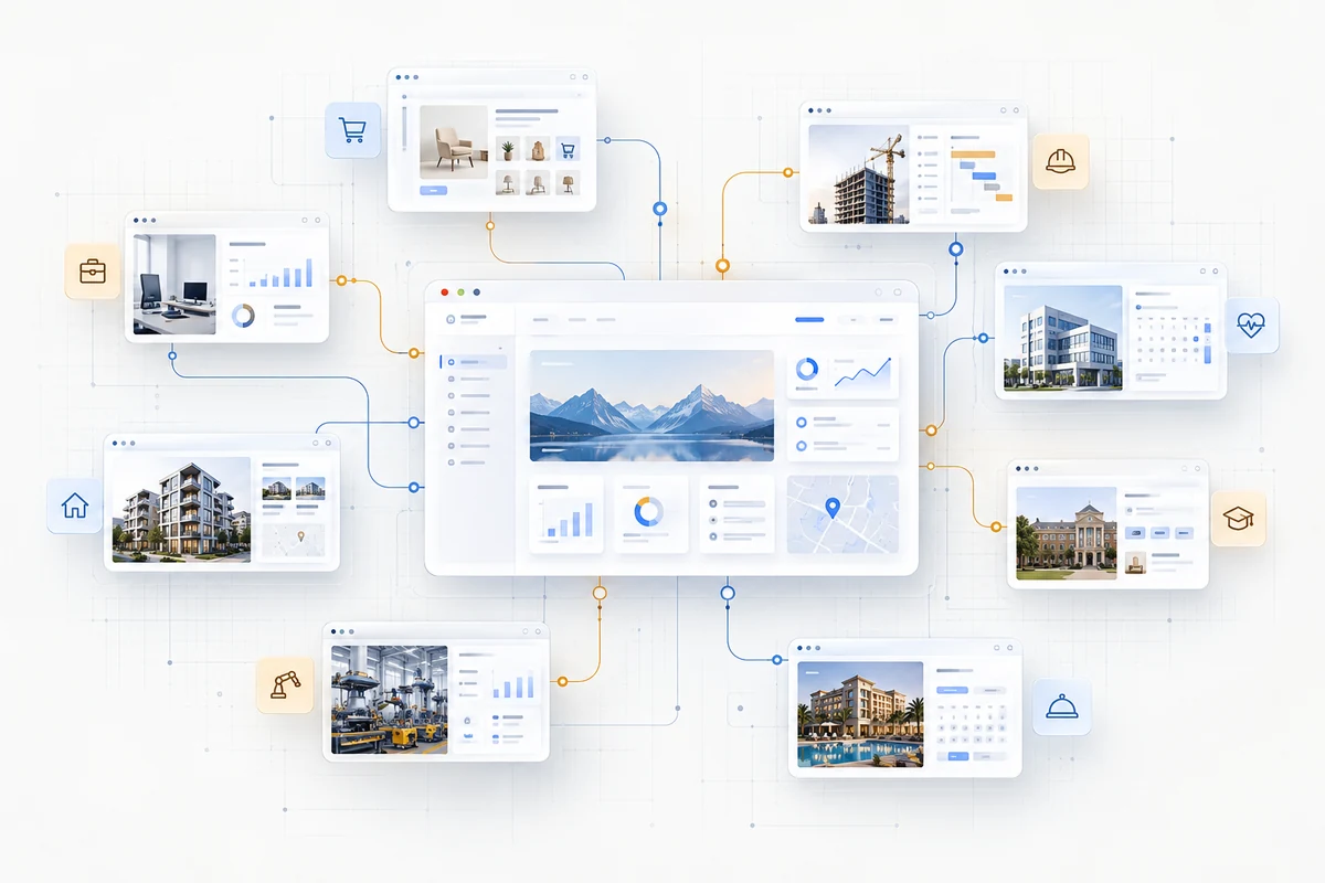 Illustration of connected website experiences across retail, construction, healthcare, real estate, manufacturing and education