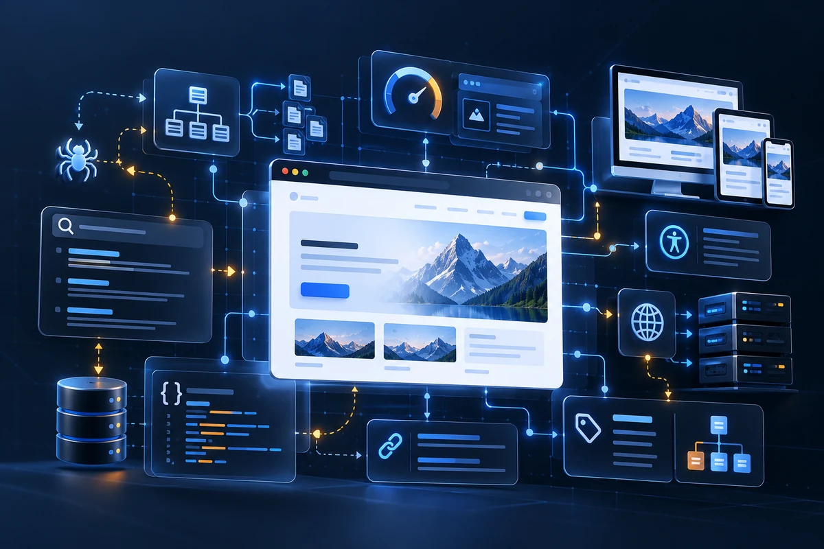 Technical systems illustration showing search crawling, performance monitoring, responsive pages and server delivery